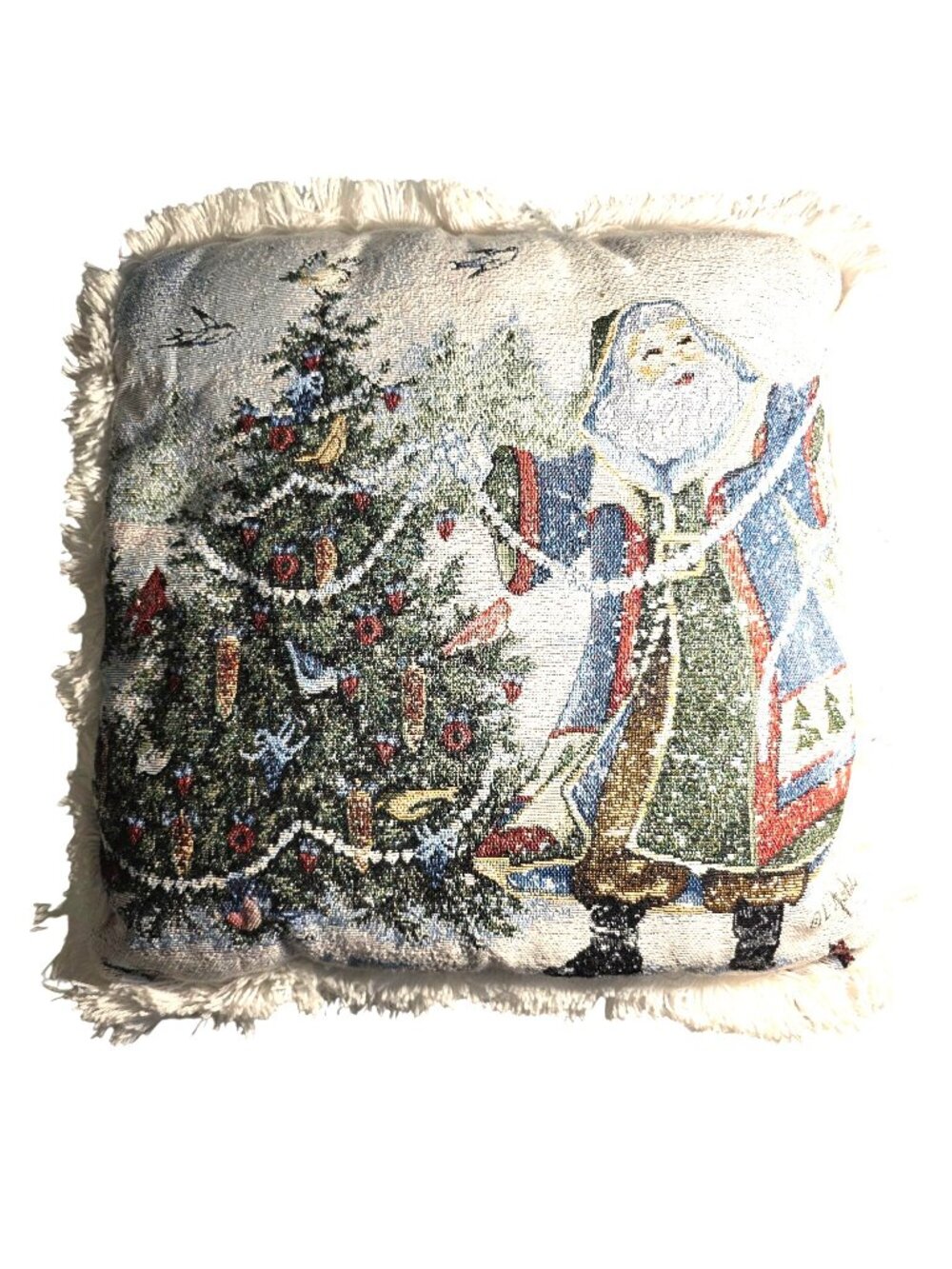 Tapestry Pillow Santa Christmas Tree Fringe old world birds festive snow winter